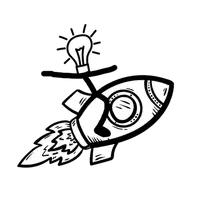 Stick-man with a lightbulb for a head, on top of a rocket